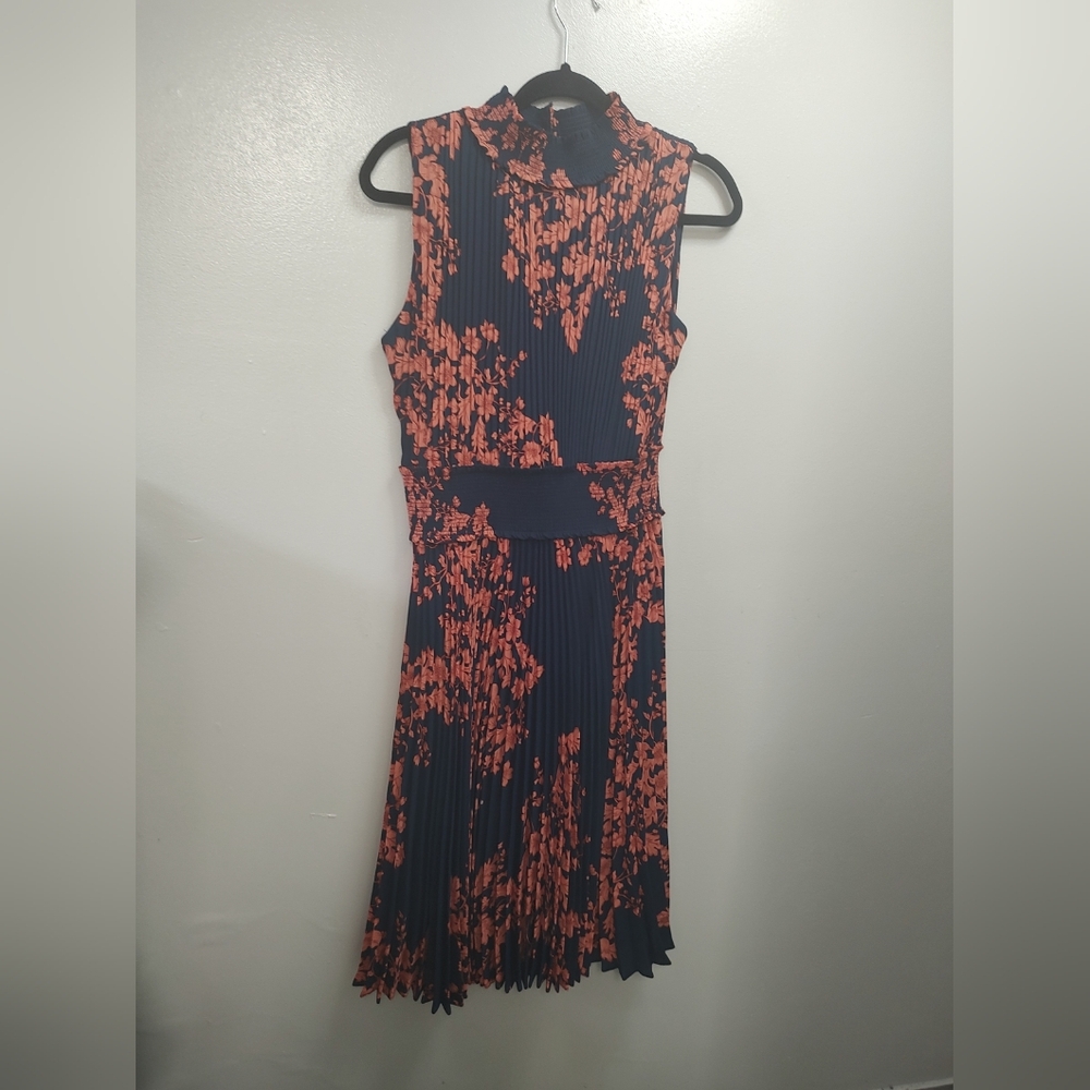 Nanette Lepore Navy and Coral Floral Pleated Midi Dress